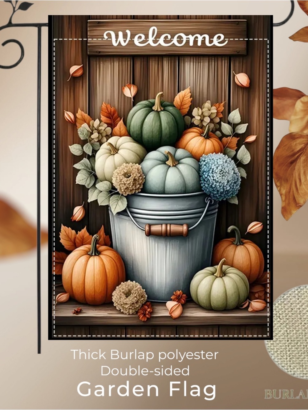 Welcome Pumpkins Autumn Fall Double-sided Garden Flag.approx 12”x18”, burlap